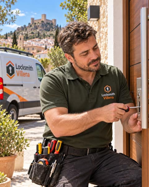 Close up of a locksmith at work with a red-handled screwdriver, the van and a hillside town blurred behind him